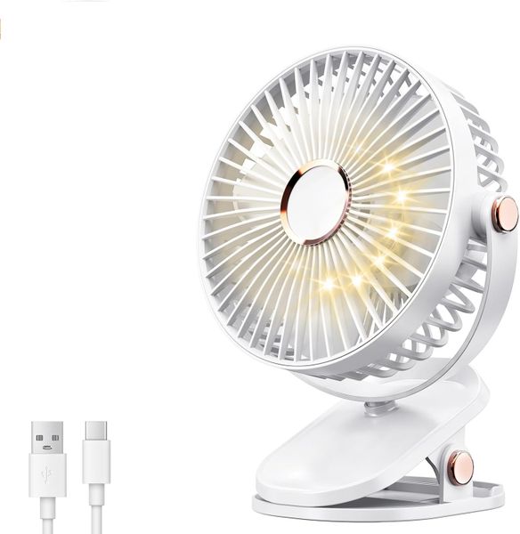 1200mAh Portable Clip on Fan with LED Lights, Battery Operated USB Desk Fan