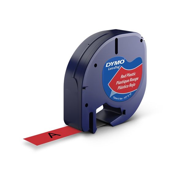 Dymo LetraTag 12mm x 4m Black on Red Plastic Tape Cassette