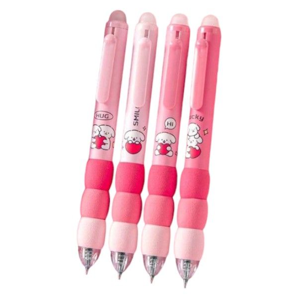 4 Piece - Retractable Gel Ink Pens Set With Hugging Bears - Pink