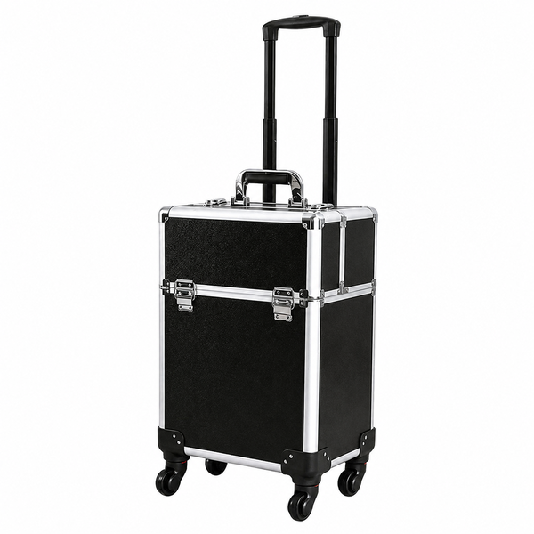 Black Rolling Makeup Train Case with Wheels, Pull Rod and Layered Storage