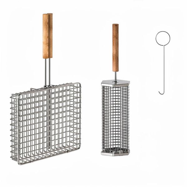 Stainless Steel Braai Grill Set: Basket &amp; Cage with Hook