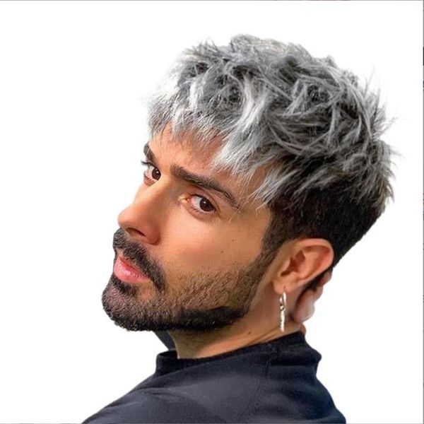 Men's Silver-Grey Ombre Messy Short Curly Wig