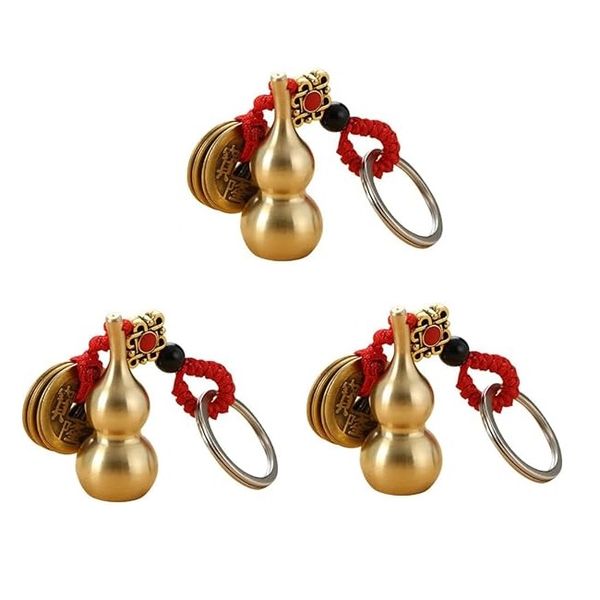 3 Piece Gourd Lucky Keychain Set with Feng Shui Coins Key Rings