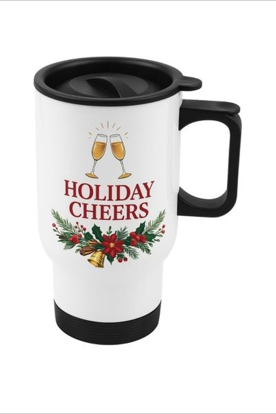 Christmas Gift "Holiday Cheers" Coffee Tea Travel Mug with Handle &amp; Lid
