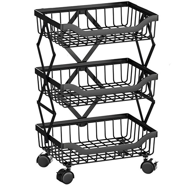 Storage Rack Kitchen Trolley with Wheels Foldable Vegetable Storage Basket