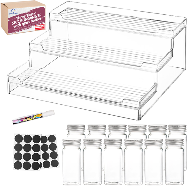 3 Tier Clear Acrylic Spice Rack Organiser With 12 Jars 24 Labels &amp; Marker