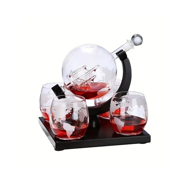 Globe Whiskey Decanter Set with 4 Glasses &amp; Wooden Base