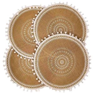 Round Placemats Set of 4,Boho Woven Jute Table Mats (White Ball)