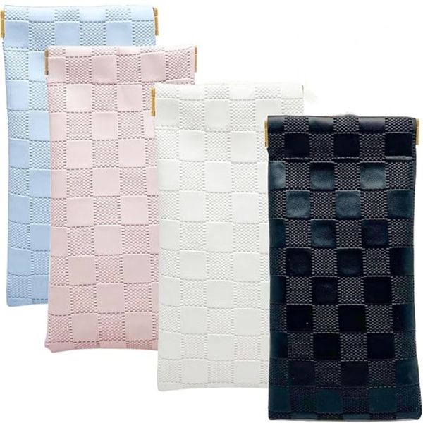 Portable Squeeze Top Checkered Glasses Pouch Sunglasses Soft Case - 4 Piece
