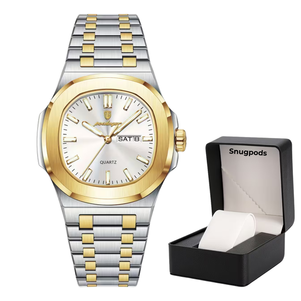 Poedagar Golden Men's Watch - White Crystal Dial With Gold &amp; Snugpods Box