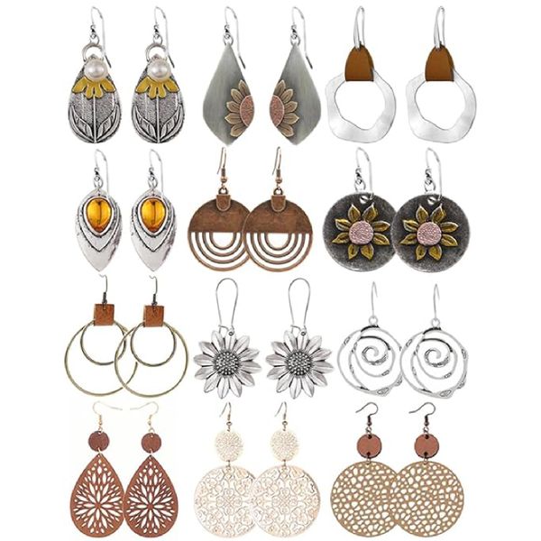 12 Pairs Boho Vintage Geometric Round Earrings Lightweight Fashion Jewelry