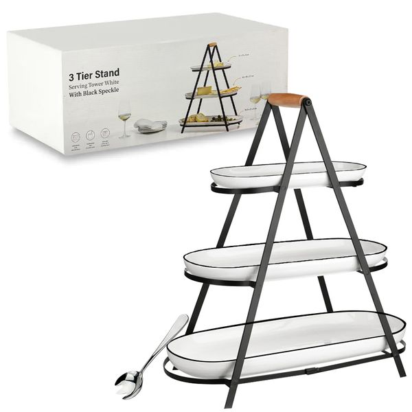 3 Tier Stand Serving Tower White, with Black Speckle