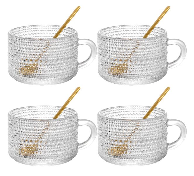 4 Vintage Glass Coffee Mugs with Gold Spoons
