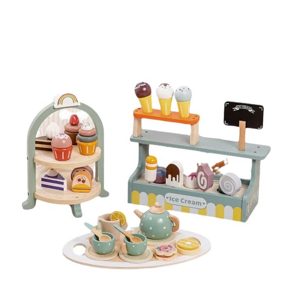 Wooden Pretend Play Kitchen Food Cake &amp; Ice Cream Pop Shops Tea Sets Toys