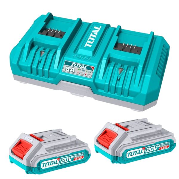 Total Tools - Dual 8Ah Fast Charger (4Ah + 4Ah) with 2 x 2Ah Batteries