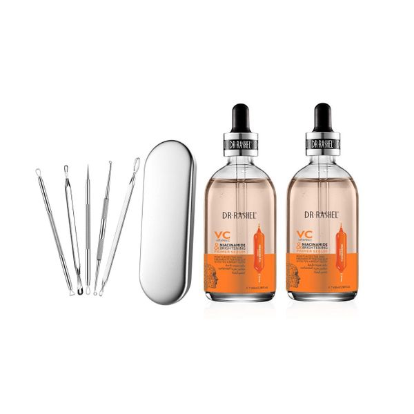 Vitamin C Niacinamide Primer Serum - 2 Pack with Comedone Remover Tool Kit