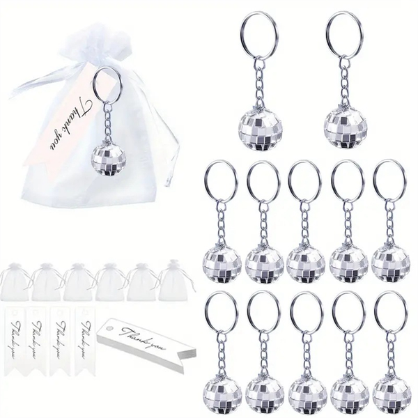 12 Pcs Mirror Disco Ball Keychain With Drawstring Sheer Organza Bags