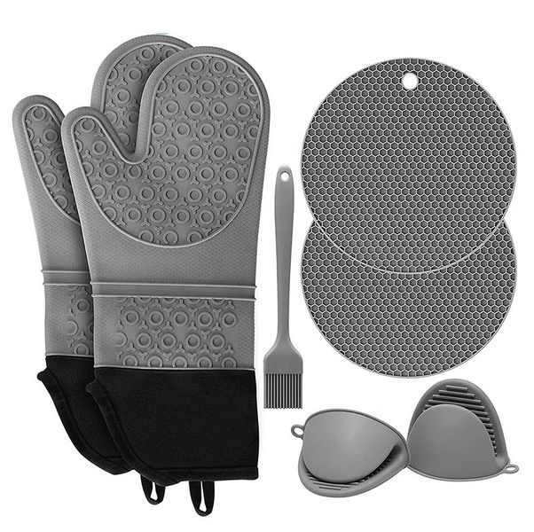 Kitchen Oven Gloves Mitts Pot Holder Brush 7 Pcs - Extra long Multipurpose