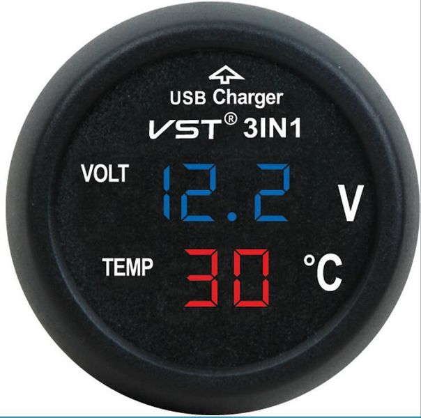3 in 1 VST-706 Digital LED car Voltmeter Thermometer Auto Car USB Charger