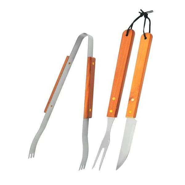 Heat-Resistant BBQ Braai Set Wood Handle Tongs Fork and Knife