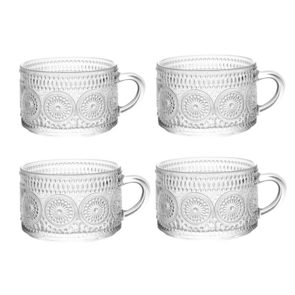400ML Vintage Coffee Mugs Embossed Glass Cups Tea Cup Water Glass - 4 Pack