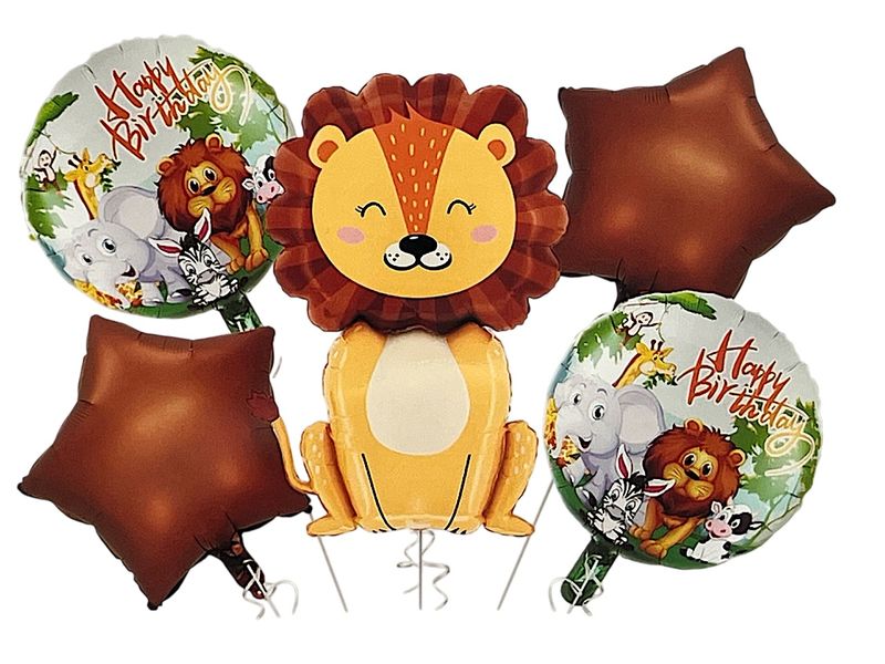5-Piece Lion Safari Happy Birthday Themed Foil Balloon Party Decoration Set