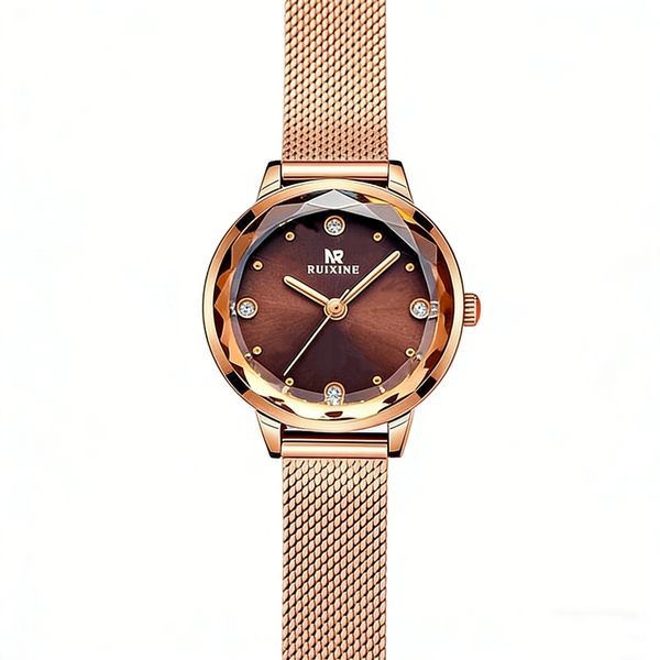 RUIXINE Women'S Watch, Rose Gold Round Case Sculpted With Feminine Grace