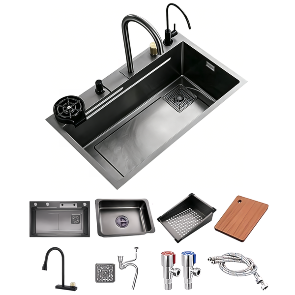 Kitchen Sink with Waterfall Faucet, Cup Cleaner Side Drain Nano Honeycomb