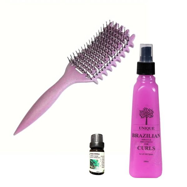 Hairbrush and curl-enhancing product for curly hair, rosemary oil
