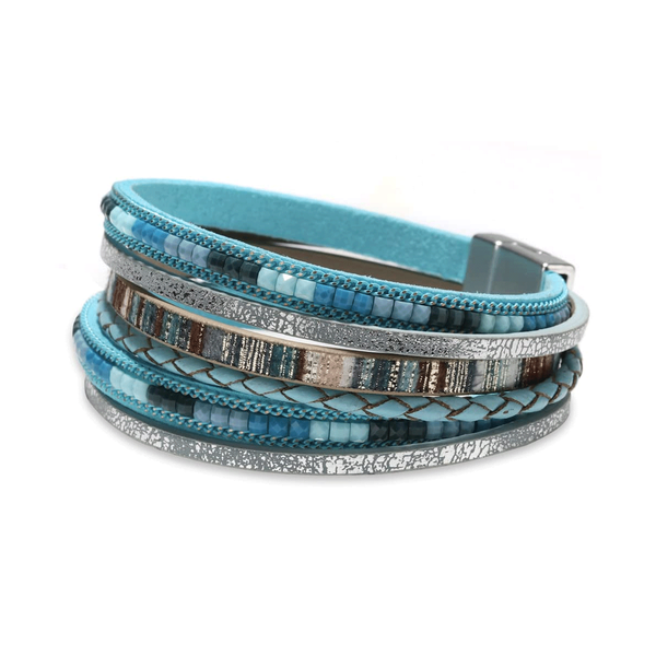 Boho Leather Wrap Bracelet with Crystal Beads - Adjustable