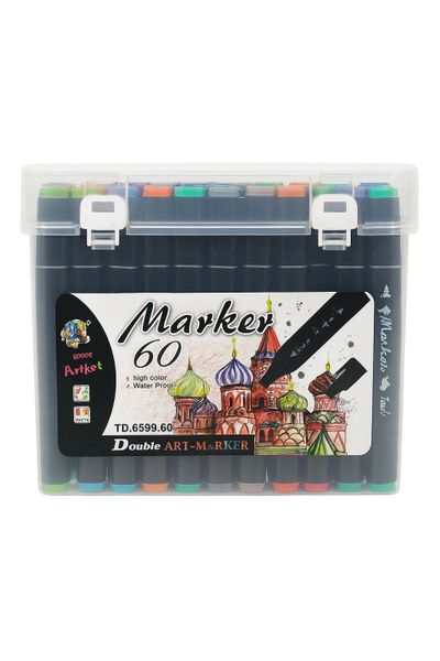 60 Dual Tip Art Markers - Assorted Colours - Permanent Sketch Markers Set