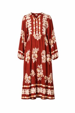 Red &amp; Brown Flowy Long Sleeve Modest Maxi Dress with Ornate Print