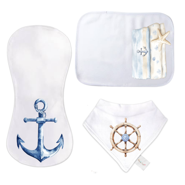 Baby-3 Piece Burp Cloth and Bandana Bib Gift Set-Combo#2-Sailor Ocean