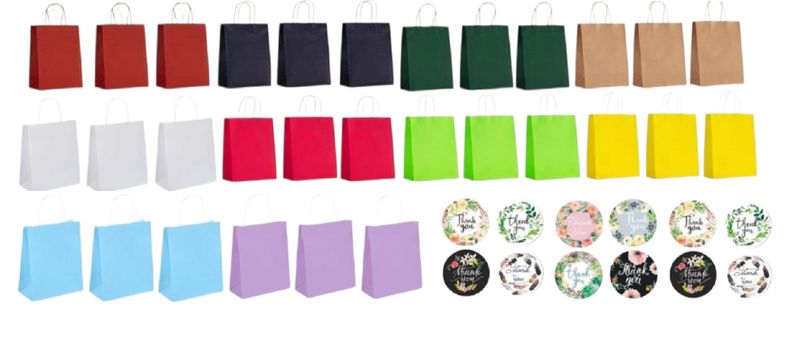 30 Black or Multicolor Solid Kraft Bags/Gift Bags with Thank You stickers