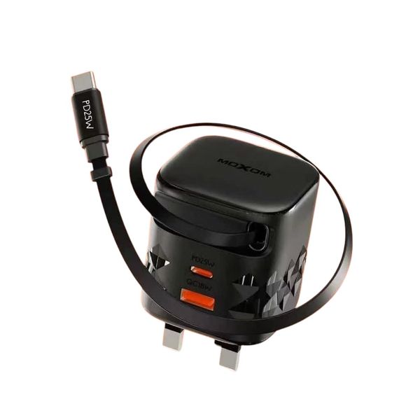 Moxom 25W Dual-Port Fast Charger with Retractable USB-C Cable (PD25W+QC18W)