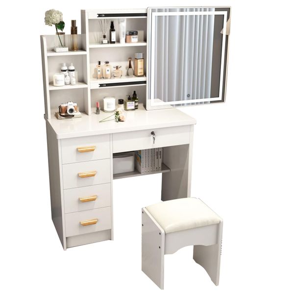 Bedroom Makeup Table with Integrated Storage Cabinet - Warm White
