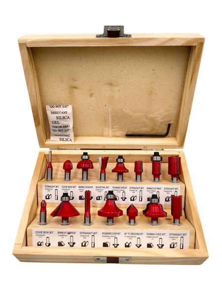 15 Piece Router Bit Set 6.35mm Shank with Wooden Case for Woodworking