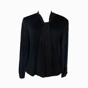 Ladies Elegant Black Kitty Bow Blouse with pleated sleeves