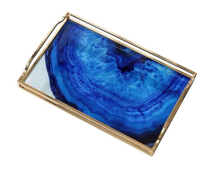 Decorative Blue Agate-Style Glass Serving Tray with Gold Metal Frame