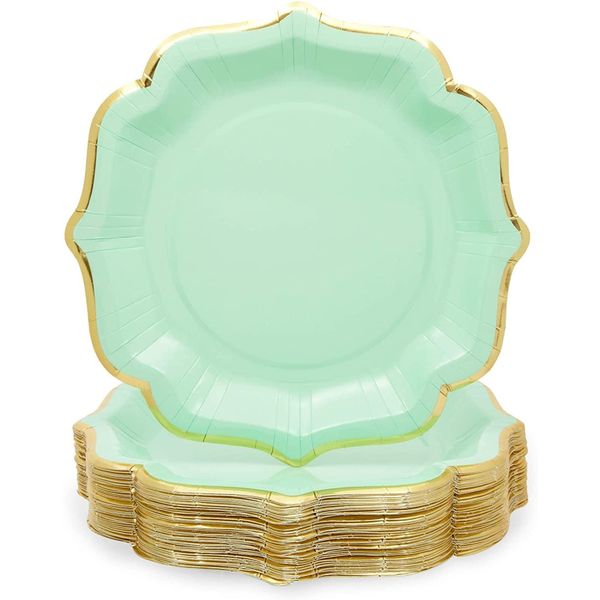 Topika - 48 Pack Mint Green Paper Plates with Scalloped Edge Party Supplies