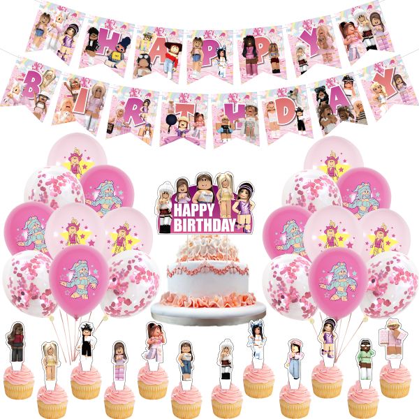 Roblox Pink Girl Birthday Party Decor Set - Balloons, Cake Topper and Banner