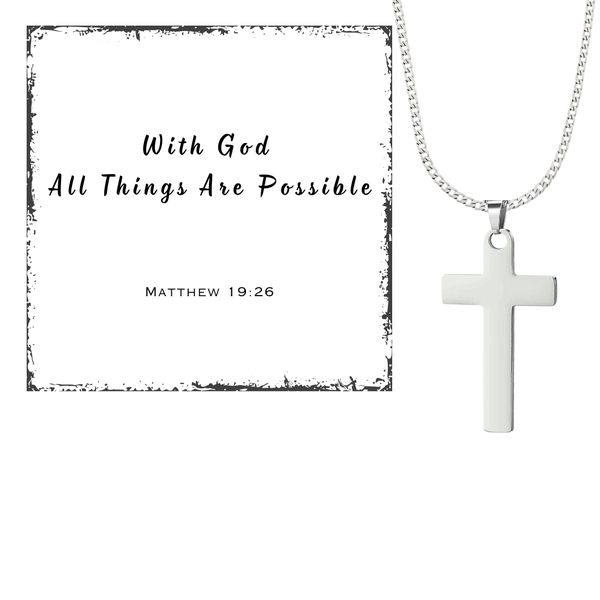 Silver Stainless Steel Lord's Cross Necklace, Card and Gift Box Set