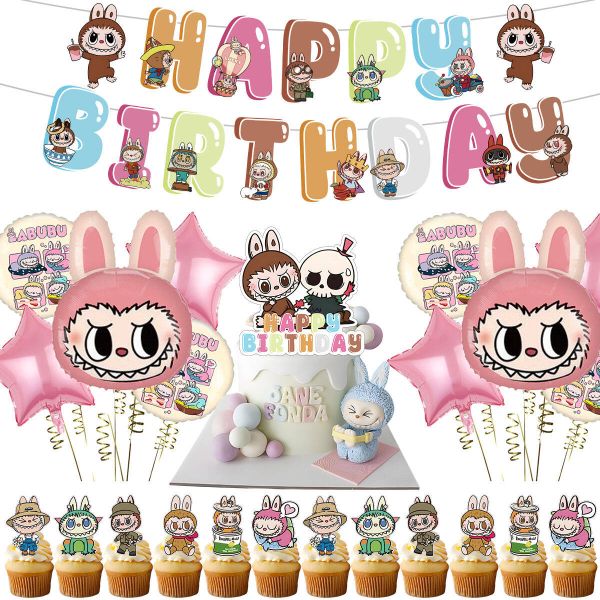 Labubu Themed Birthday Party Decor Set - Banners, Cake Toppers and Balloons
