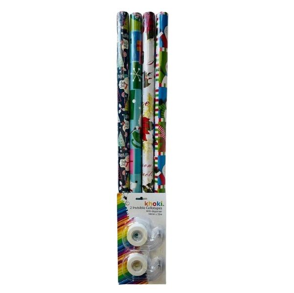 Christmas Gift Wrapping Paper 1m x 70cm (4 Rolls) &amp; 2 Cellotapes