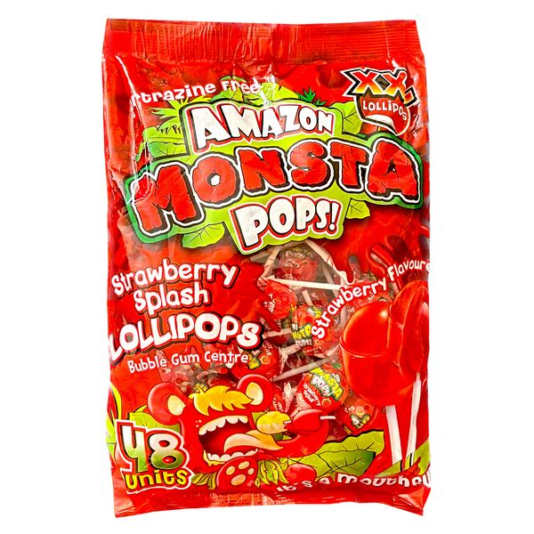 Monsta Pops - 48 Strawberry Splash Flavoured Bubblegum Centre Lollipops
