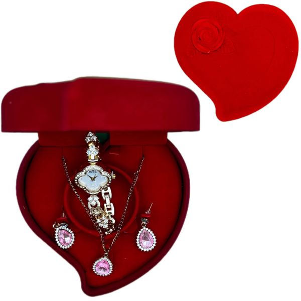 Necklace Earrings Quartz Watch Women's Luxury Gift Set - Velvet Jewelry Box
