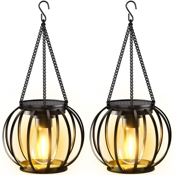 2 Piece Solar Iron Lantern Pendant Lights, Outdoor Courtyard Decorative Lights