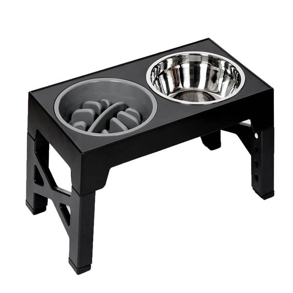 Adjustable Raised Dog Bowl - Stainless Steel Double Bowls with Slow Feeder