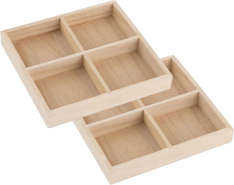 Set of 2 Bamboo Square Serving Trays for Parties, Events - 4 Compartment