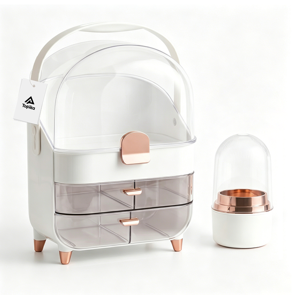Topika Makeup Organizer With Drawers, Dustproof Lid &amp; Brush Holder